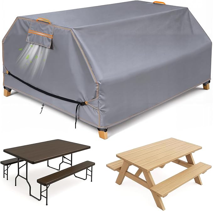 Picnic Table Cover, 70/72 Inch Patio Picnic Table Bench Cover, Heavy Duty 420D Oxford Fabric Waterproof Anti UV Windproof with Adjustable Straps Air Vent, Fits 6 FT Picnic Tables, Grey