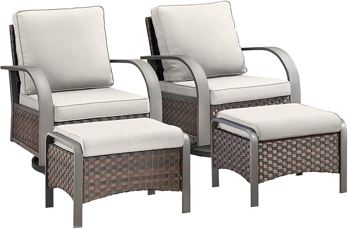 HUMMUH Swivel Rocker Outdoor Chair-High Back Patio Chairs with Ottoman Outdoor Conversation Furniture Sets for Deck Porch Garden Poolside Backyard-Brown/Beige