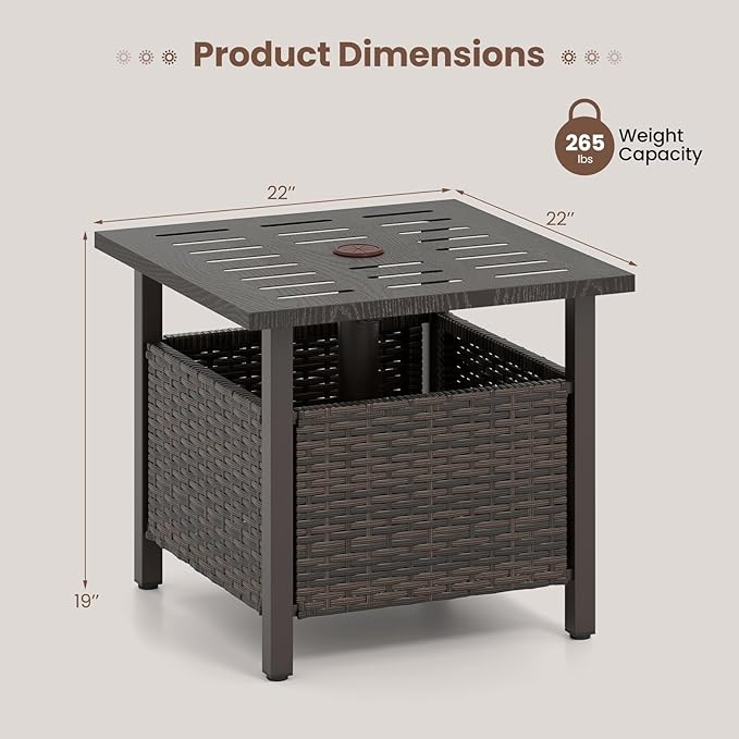 Tangkula Outdoor Side Table with 1.93" Umbrella Hole, All-Weather PE Wicker Patio Umbrella Table with Rustproof Frame for Garden, Deck and Poolside