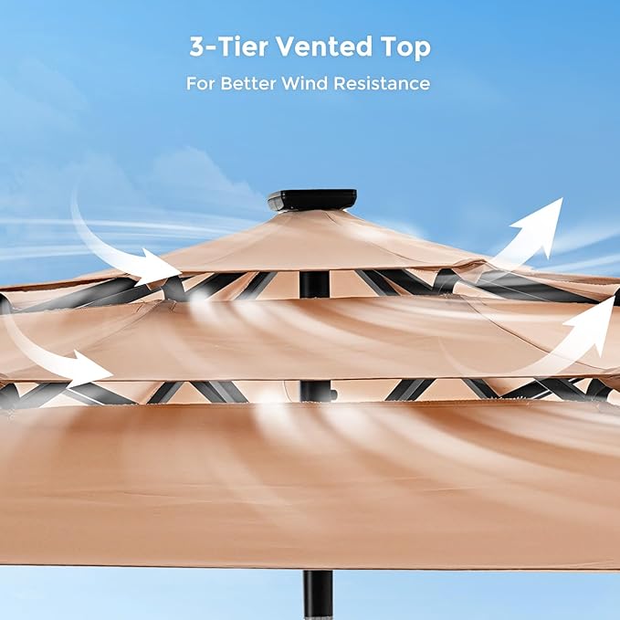 HOMSHADE 9FT 3-Tier Solar Patio Umbrella Heavy Duty, Vented Market Table Umbrella Windproof with 32 LED Lights, UPF50+, 5-Year Fade Resistant, 8 Thicker Ribs for Pool, Lawn, Garden, Deck (Beige,No Base)