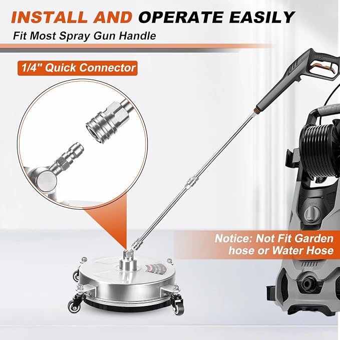 14" Pressure Washer Surface Cleaner with 4 Wheels, Stainless Steel Surface Cleaner for Pressure Washer for Concrete, Patio, Sidewalk & Driveways, 1/4" Quick Plug, 2 Extension Wand, 4000 PSI
