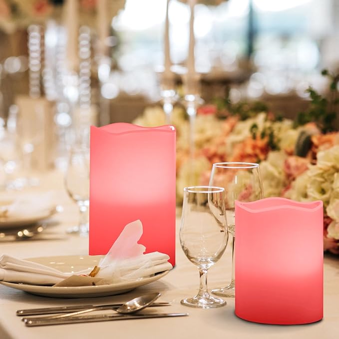 JUNPEI Flameless Led Battery Operated Candles: Flickering Electric Candles 4" 5" 6" Set of 3 Real Wax 10-Key Remote Control with 2/4/6/8-hours Timer Function,Cycling 24 Hours Timer, 300+ Hours (Pink)