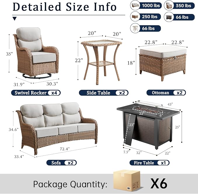 Luxury 6" Thick Cushion 11 Pieces Wicker Patio Furniture Set with 41”Fire Table, Outdoor Conversation Set with Swivel Rocker Chairs Set of 4 and Patio Couch for Deck Porch Yard and Poolside