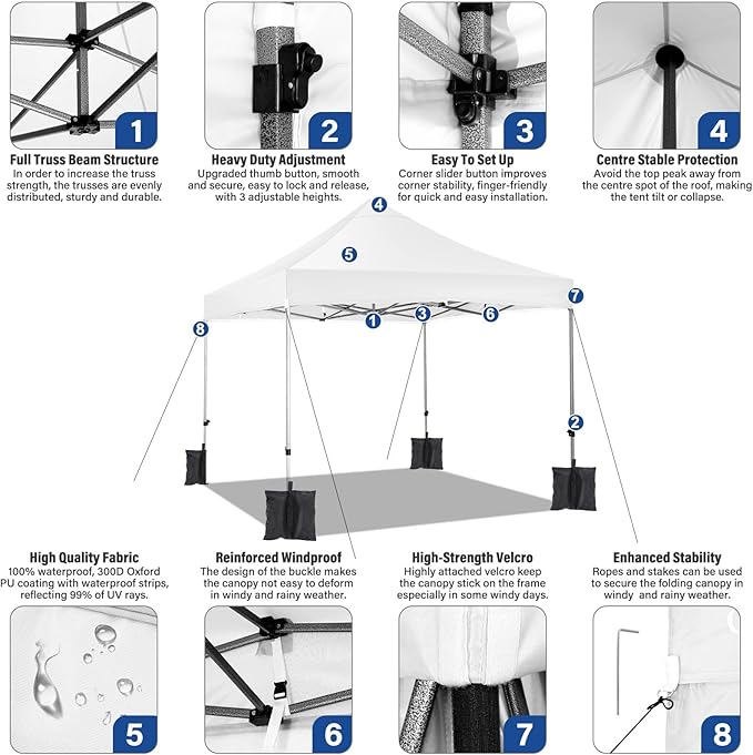 COBIZI 10x10 Pop up Canopy Tent Heavy Duty, Easy Set-up Commercial Outdoor Party Tent, 100% Waterproof Wedding Tents Gazebo, 3 Height Adjustable with Wheeled Bag, White