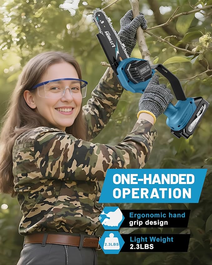 Fostex 6 Inch Cordless Mini Chainsaw, Handheld Electric Chain Saw with 2×2000mAh Batteries & 2 Chains, Lightweight Battery Powered Saw for Tree Trimming, Branch Pruning, Gift for Dad, Husband (Blue)