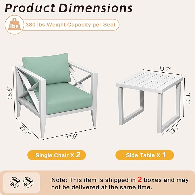 MBY 3-Piece Oversized Aluminum Patio Furniture Set, Outdoor Deep Seating Conversation Sofa Set with Coffee Table, 6.1" Cushions, All-Weather Rust-Proof Frame for Backyard, Deck, Balcony-White