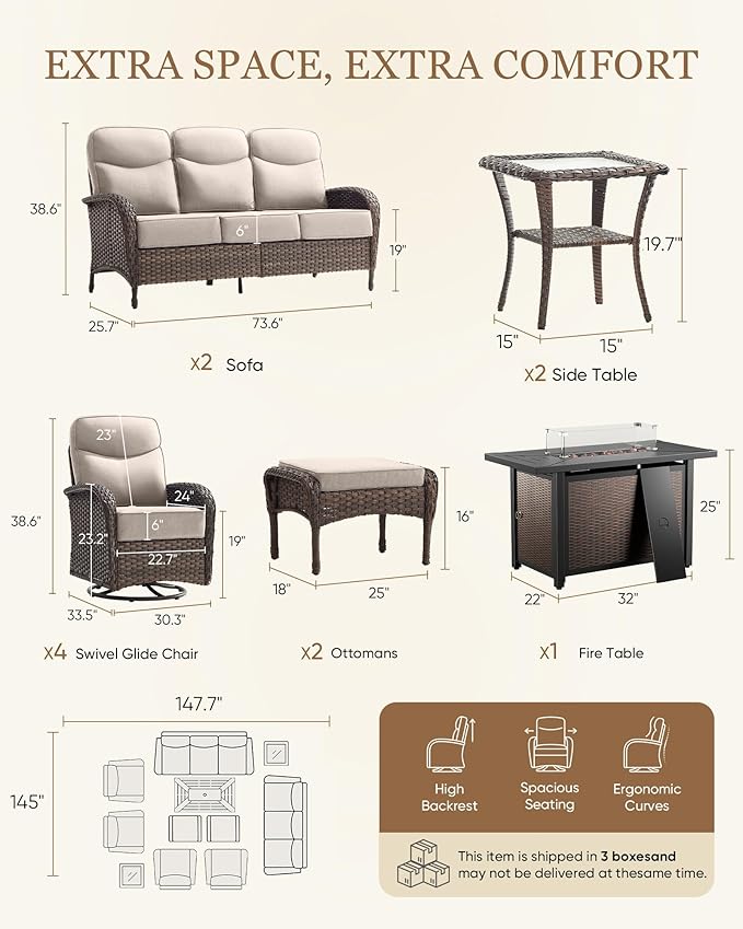Belord Upgraded 6“ Cushion Luxury Patio Furniture Set with Fire Pit Table - 11 Piece Wicker Outdoor Furniture with High Back Swivel Rocker Patio Chairs, Conversation Set for Deck Porch - Brown/Beige