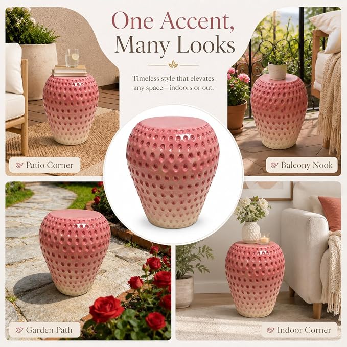 13.4" Pink Strawberry Outdoor Garden Stool, Funky Fruit Side Table Indoor, Vibrant Table Home Decor Plant Stand Garden Indoor Outdoor Decorations
