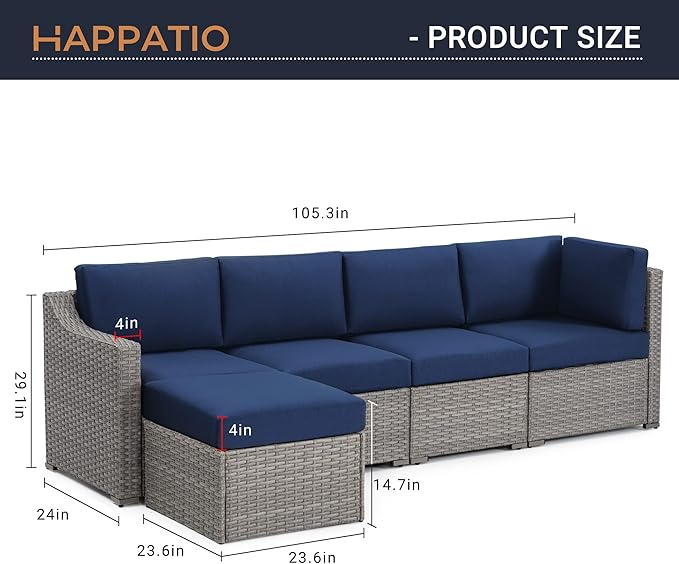 HAPPATIO 5 Piece Patio Conversation Set,All-Weather Patio Furniture Set,Outside Patio Furniture,4 Piece Outdoor sectional,PE Rattan Wicker Outdoor Sectional Sofa.(Grey/Blue)