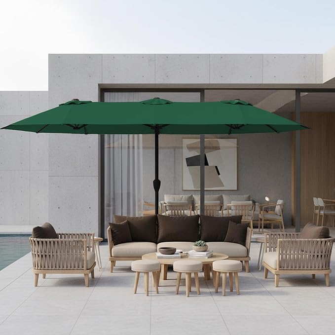 15FT Large Patio Umbrella with Base, Double Sided Rectangular Outdoor Umbrella with Sturdy Fiberglass Ribs, UPF 50+ Sun Protection, Wind-Resistant, Waterproof Fade-Resistant Fabric for Pool, Garden, Backyard, Deck(Dark Green)
