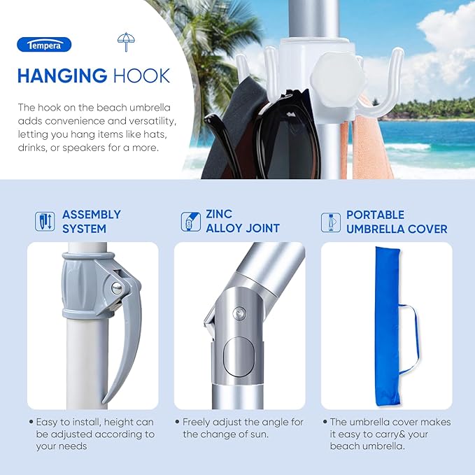 Tempera Heavy Duty High Wind Beach Umbrella with Sand Anchor & Carry Bag | Patio Outdoor Umbrella with Aluminum Frame and Push Button Tilt, Ideal for Travel Garden Lawn, UPF 60+