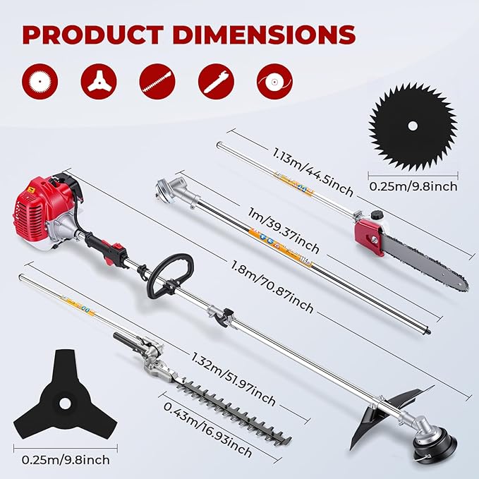 58CC Weed Wacker Gas Powered, 2-Cycle 5 in 1 Gas Powered Hedge Trimmer, Pole Saw, String Trimmer and Brush Cutter Blade, Grass Cutter Machine, Multi Functional Trimming Tools for Yard Garden Lawn Care