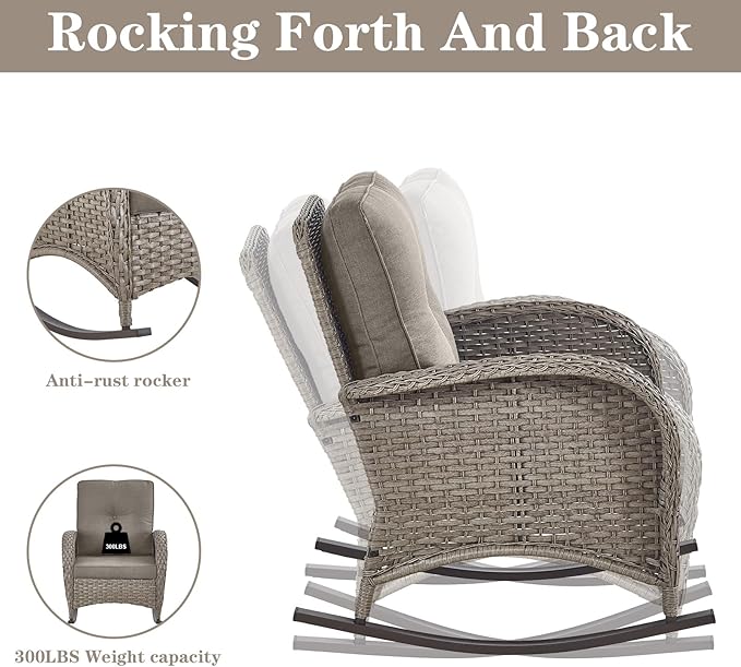 5 Pieces Patio Furniture Set with 50000 BTU Propane Fire Pit Table, All-Weather Patio Rocking Chairs, Loveseat Glider and Side Table for Outdoor Conversation Deck Backyard Poolside