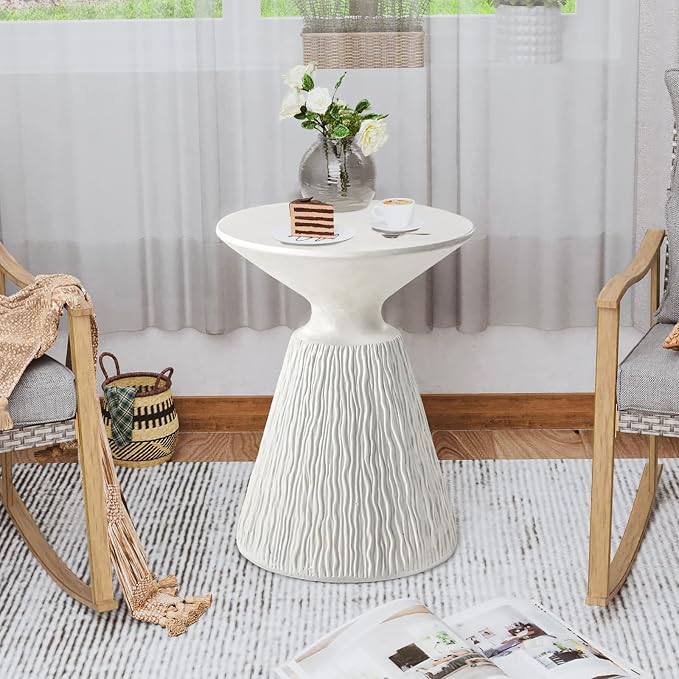 HOMPUS Round Outdoor Side Table, Mushroom MgO Samll Concrete Accent Table, Lightweight Patio End Table, Plant Stand for Paito, Outside, White