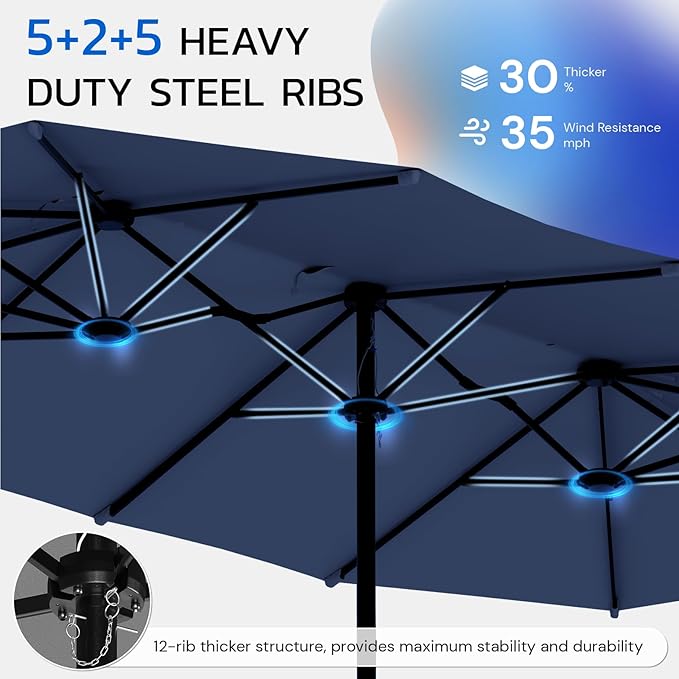 AECOJOY 15x9ft Patio Umbrella with Base Included, Outdoor Double-Sided Rectangle Umbrella with Crank Handle, Market Umbrella for Deck Pool Patio Garden(1.9" Pole, Navy)