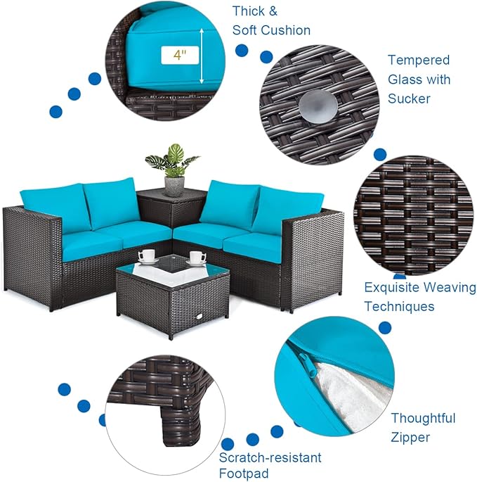 Tangkula 5 Piece Patio Furniture Set with 30 Inches 50,000 BTU Gas Fire Pit Table, Outdoor Wicker Conversation Sectional Sofa Set with Storage Box and Coffee Table, for Poolside, Deck (Turquoise)