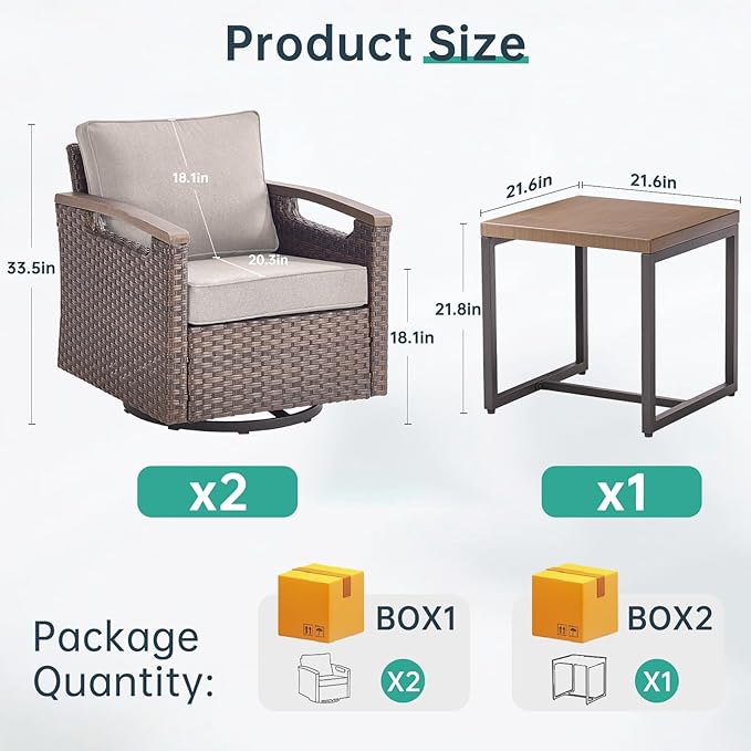 Luxury Outdoor Swivel Rocker Patio Chairs with Metal Side Table - Heavy Duty 3 Piece Patio Furniture Set All Weather Wicker Glider Set with Thick Cushion for Porch, Poolside and Deck - Beige