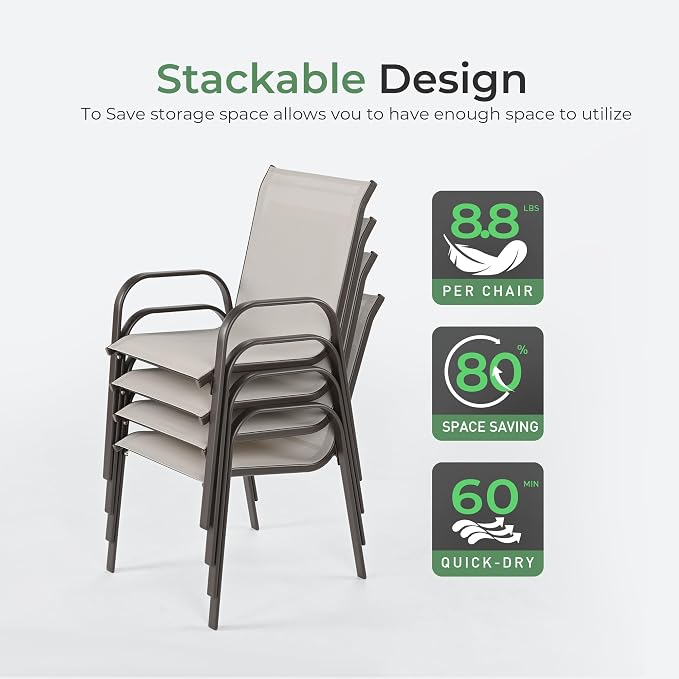 Outdoor Dining Set for 6, Patio Dining Set with Textilene Dining Chairs， Metal Dining Table with Umbrella Hole, Stackable Outdoor Chairs for Garden, Patio, Poolside and Backyard, Grey