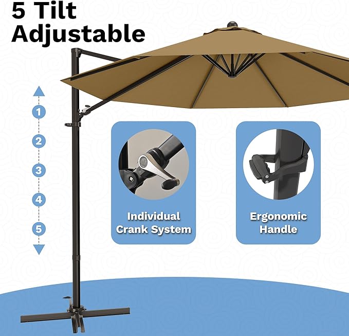 Devoko 10ft Cantilever Patio Umbrella, Round Large Outdoor Umbrella with 360-Degree Rotation, Hanging Offset Market Sun Umbrella, Easy Tilt and Heavy-Duty Frame, for Patio Backyard Garden, Brown
