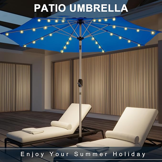 10FT 40-LED Solar Lighted Aluminum Patio Umbrella, Fade-Resistant Outdoor Market Table Umbrella with Push Button Tilt Function, 8 Sturdy All-Aluminum Ribs for Gardens, Decks, Backyards & Pools