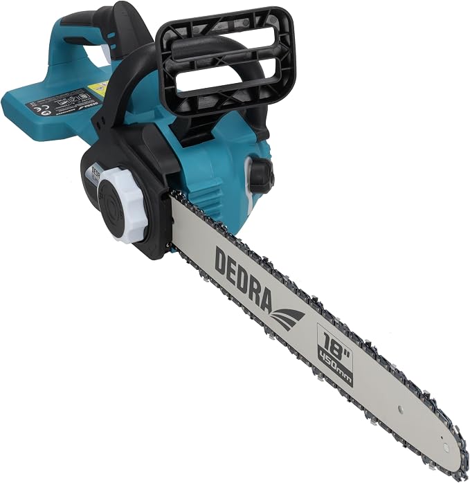 DEDRA Cordless Chainsaw 18 Inches, 2 x 18 V, Guide Rail 18 Inches, Double Power Supply, with Safety Brake, Brushless Motor, Tool-Free Chain Tension, without Battery/Charger