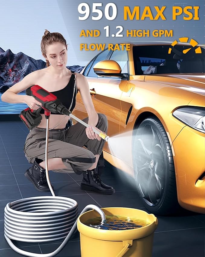 950PSI CordlessPowerWasher with Foam Cannon for Car, Lane, Patio Cleaning, Red