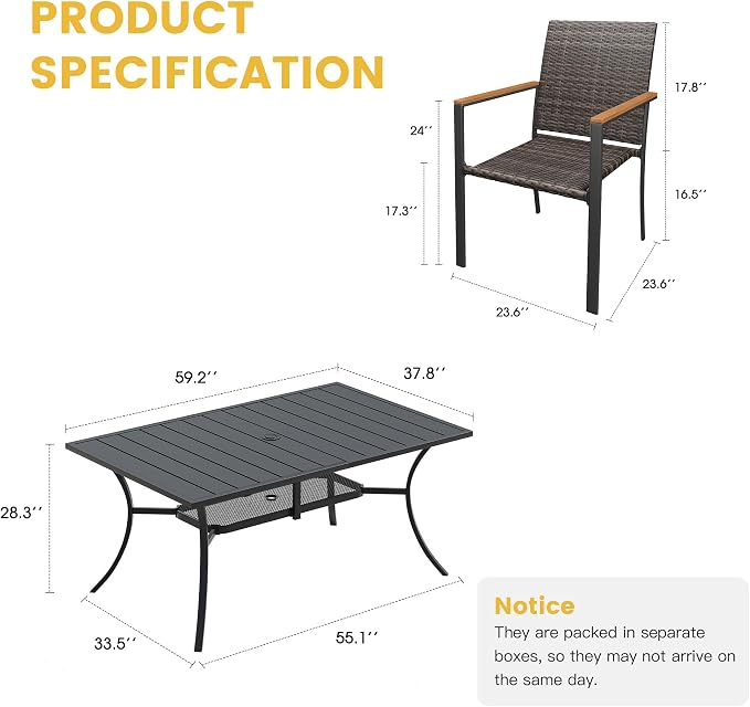 VICLLAX Patio Dining Set for 6, 59" Black Rectangle Table & Rattan Chairs