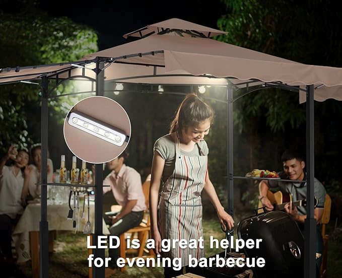 ABCCANOPY Grill Gazebo with 3 Side Awnings - 14x5 Outdoor BBQ Canopy Shelter with 2 Led Lights for Patio Backyard Grilling (Khaki)