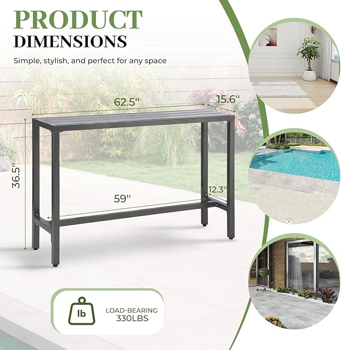Outdoor Patio Counter Height Bar Table, 63" Rectangle for Patio, Garden, Yard, Balcony, Poolside