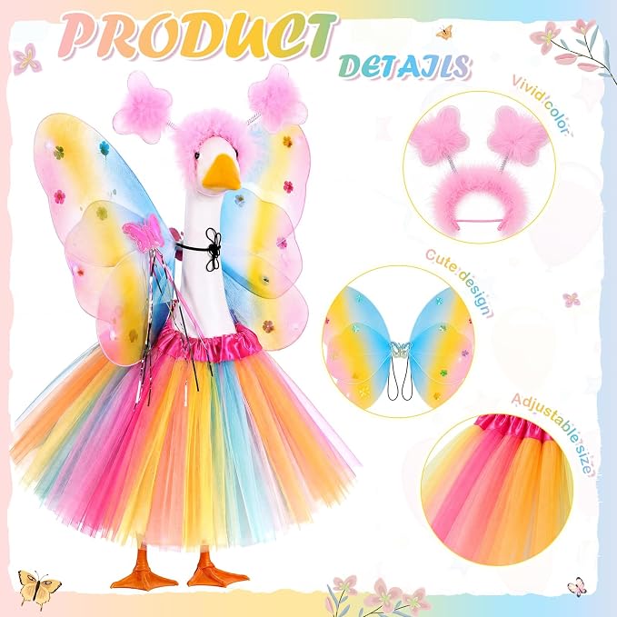 5pcs Butterfly Porch Goose Outfit Costume Tutu Skirt Butterfly Wing Wand Flower Crown for 17‘' 23‘' Cement Goose