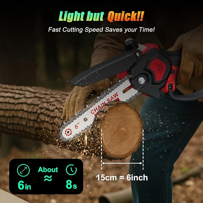 6 Inch Mini Chainsaw Cordless, 24V Battery Powered Handheld Chainsaw | 2×2000mAh Batteries, Auto Oiler, Lightweight, Electric Chainsaw for Tree Trimming, Wood Cutting, Gardening-Red