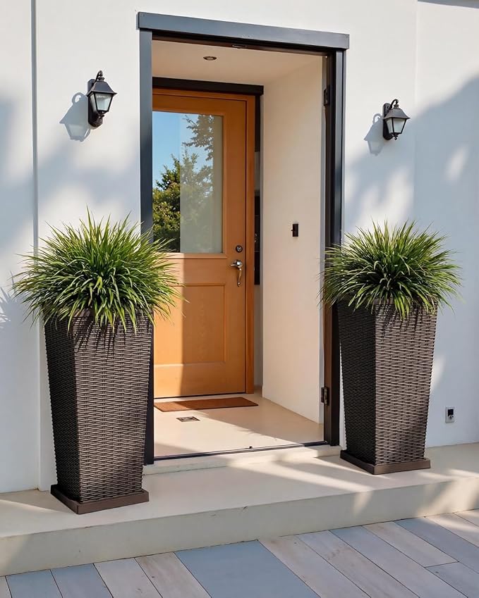 Greesum 30 Inch Tall Plastic Planters with Detachable Inner Pot & Drainage Holes (Set of 2), Extra Large Outdoor Flower Pots for Large Plants, Trees, Patio, and Garden, Brown
