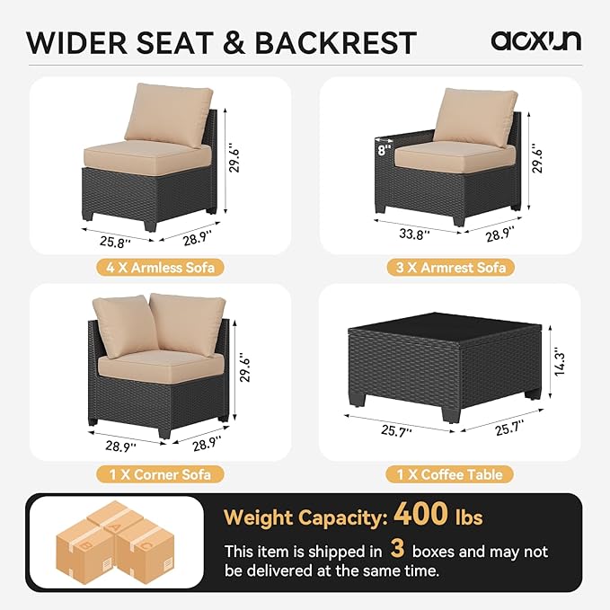 Aoxun Patio Furniture Set, 9 Pcs Outdoor Patio Furniture Sets with 4 in Thicken Cushion, Widen Armrests Wicker Outdoor Sectional for Backyard (Waterproof Cover Include)