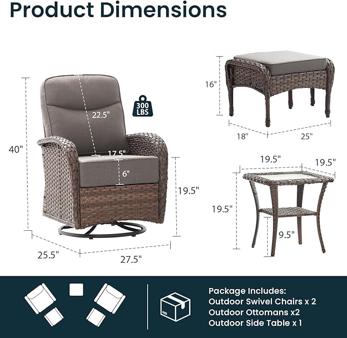 Luxury 6-Inch Cushion Outdoor Patio Furniture Set with Ottoman, Outdoor Swivel Rocker Patio Chairs with Side Table, Wicker Conversation Set for Deck Porch Garden Balcony and Poolside Gray