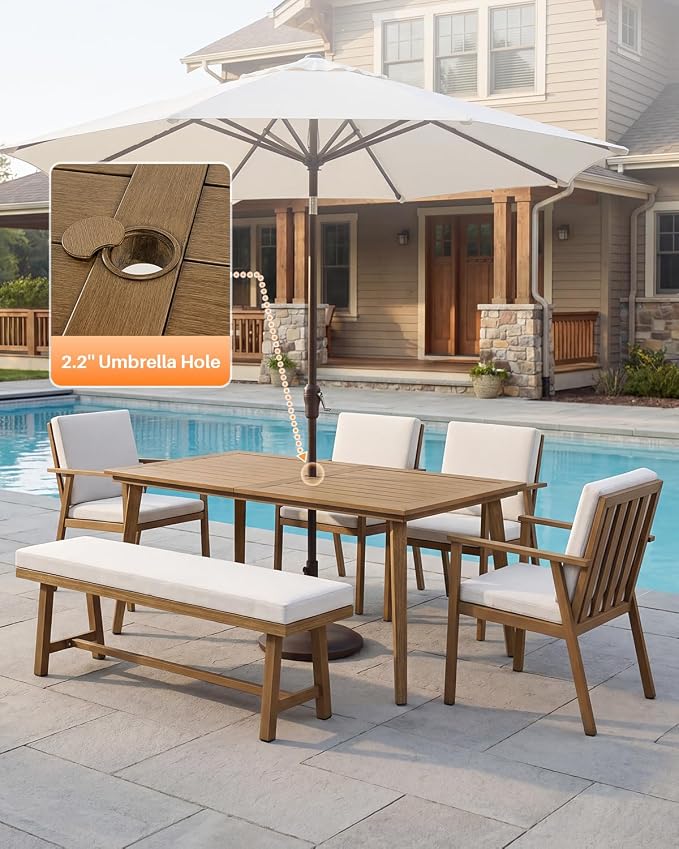 6-Piece Outdoor Dining Set, Aluminum Outdoor Table and Chairs Set with 4 Dining Chairs & Backless Bench, Weather-Resistant Bench Dining Table Set with Removable Cushions for Garden, Deck, Teak