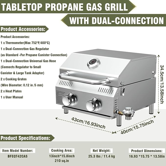 Bestfire Tabletop Propane Gas Grill 2 Burners- Dual Connections, 20,000 BTUs Stainless Steel Portable Grill Fits Large Gas Cylinders and Small Canisters for Outdoor Camping and RV Trips