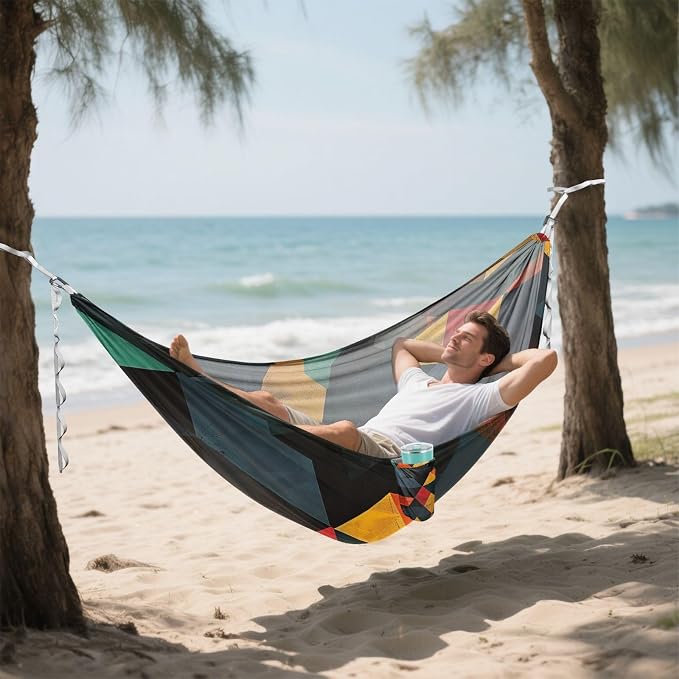 FRMG Colorful Geometric Triangles Camping Hammock 500 lbs Capacity Portable Hammocks with Tree Straps & Attached Carry Bag, Camping Essentials Gear A0900360a