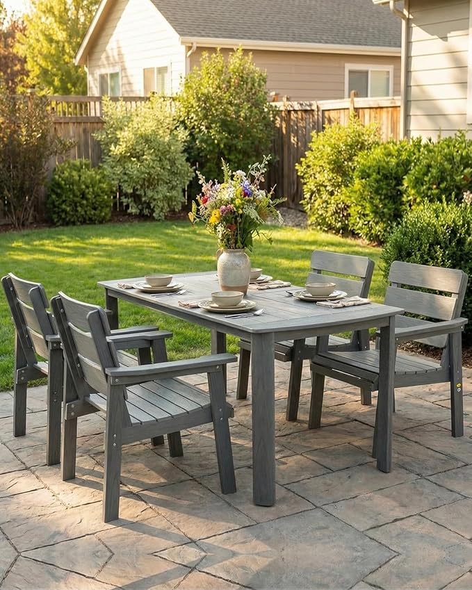 Outdoor Rectangle Dining Table with Rounded Edge, 67" All-Weather HIPS Patio Table for 6, Outdoor Furniture with Umbrella Hole, Ideal for Garden, Poolside, Backyard, Deck, Dark Gray