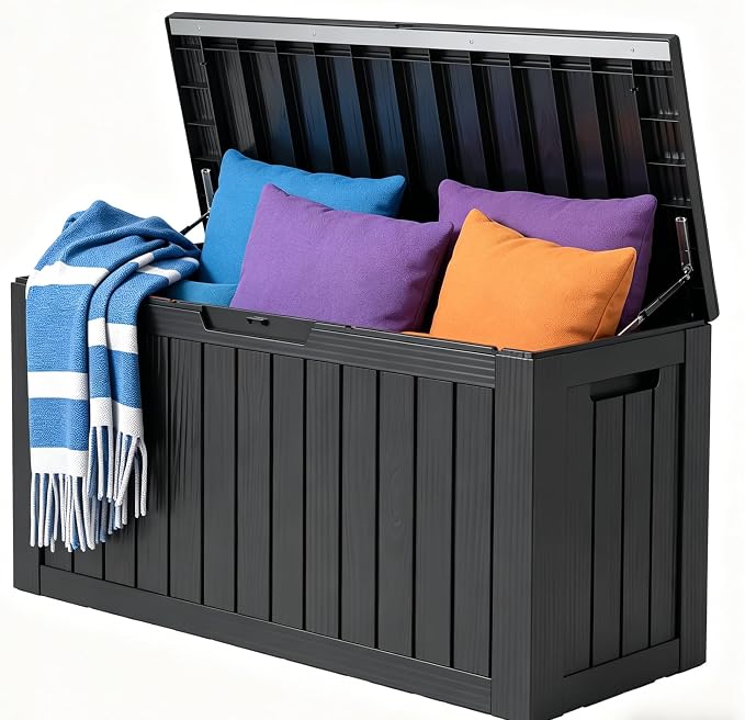 LAUSAINT HOME 180 Gallon Resin Deck Box, Package Delivery Box with Lockable Lid, Waterproof Outdoor Storage Box For Garden Tools, Patio Cushions(180 Gallon,Black)