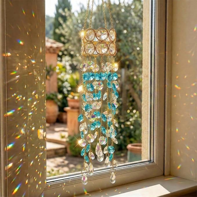 Crystal Suncatchers for Window Hanging Decor, Prism Rainbow Maker with Chain & Hook, Ornament for Ceiling, Garden, Home, Indoor & Outdoor Decoration, Blue