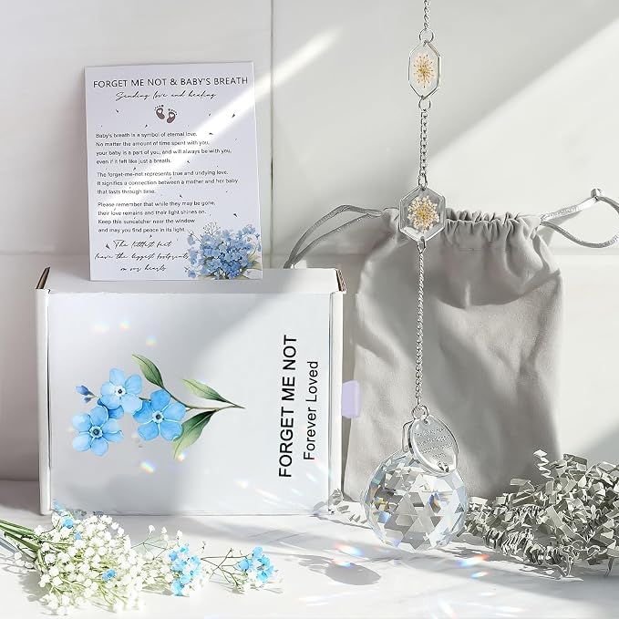 Miscarriage Memorial Suncatcher Gifts for Mothers Dad, Handmade Forget Me Not Baby's Breath Pressed Flower Miscarriage Ornament, Bereavement Remembrance Gift for Loss of Baby (Yellow White)