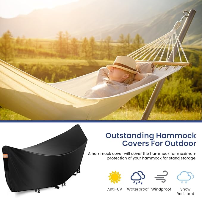 Hammock Cover Waterproof,Heavy Duty 420D Hammock Stand Covers for Outdoor,Breathable Dust Protector with 2 Air Vents,3 Windproof Buckles，Universal Cover Fits for 11-12ft Stand,All-weather Protection