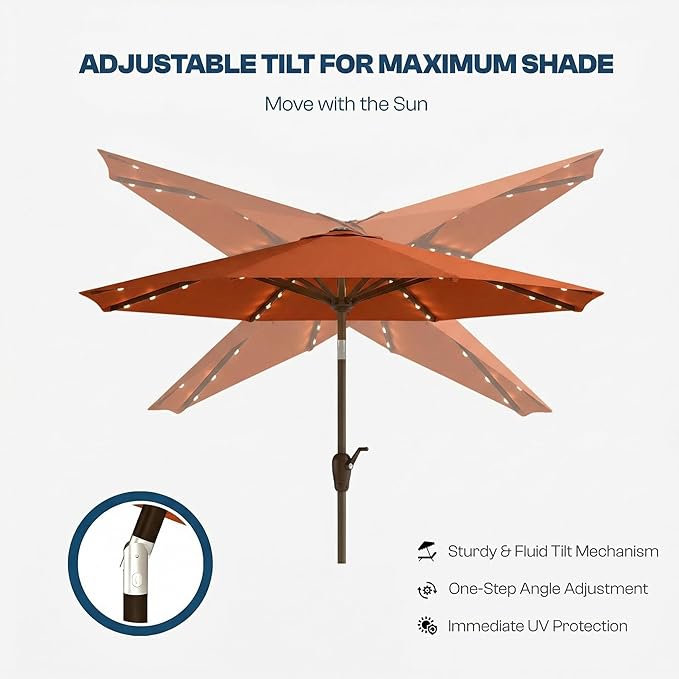 10FT Solar Patio Umbrella with Lights, Outdoor Table Market Umbrella with 32 LED Lights, 8 Sturdy Ribs, Push Button Tilt and Crank for Pool, Deck and Garden, UV-Resistant