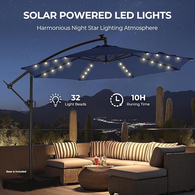 HOMSHADE 10ft Solar Lights Offset Cantilever Patio Umbrella - with Light and Base, LED Lighted Offset Hanging Patio Outdoor Market Umbrella UPF50+ UV Protection with Easy Tilt and Crank (Navy Blue)
