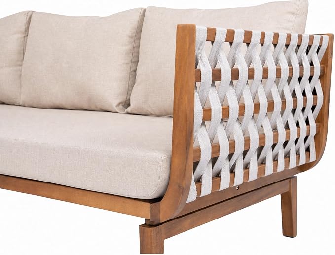 Christopher Knight Home Gwen 5 Piece Acacia Wood Patio Conversation Set with Sofa, Coffee Table, Ottoman and Club Chairs, Patio Sofa Set with Cushions, Outdoor Patio Furniture Set for 6,Teak+Beige