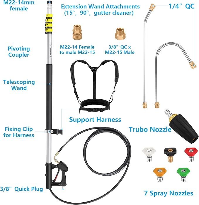 24 FT Telescoping Pressure Washer Wand Extension with Turbo Nozzle | Aluminum Power Washer Extension Wand with 5 Nozzle Tips, 2 Adapters, Harness, Gutter Cleaning Tools from The Ground