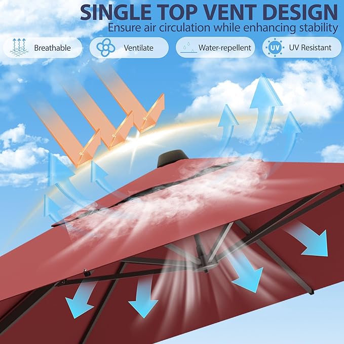 9' X 12' Cantilever Patio Umbrella Rectangle Outdoor Umbrella with Base Included, 6-Level Tilt & 360° Rotation Offset Umbrella for Garden, Deck, Pool (Red)