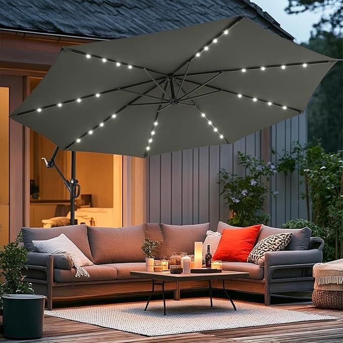 wikiwiki 10ft Solar LED Offset Patio Umbrella, Outdoor Cantilever Patio Umbrellas with Solor Lights for Backyard, Poolside and Garden, Easy Tilt Adjustment, 32 LED Lights & Polyester Shade, Dark Gray