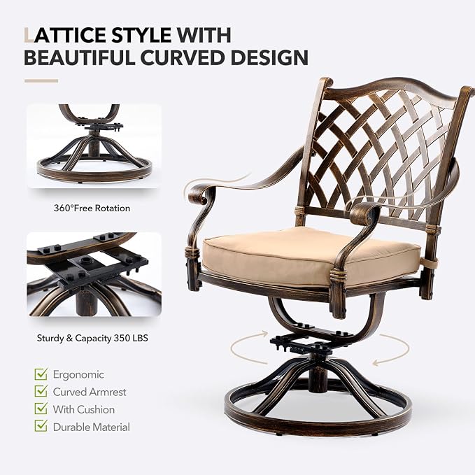 Outdoor Dining Set Cast Aluminum Retro Patio Dining Set with Thicker Cushion and Umbrella Hole for Patio Deck (Bronze Swivel Chair(Lattice), 7 Pcs(54" Round Table))
