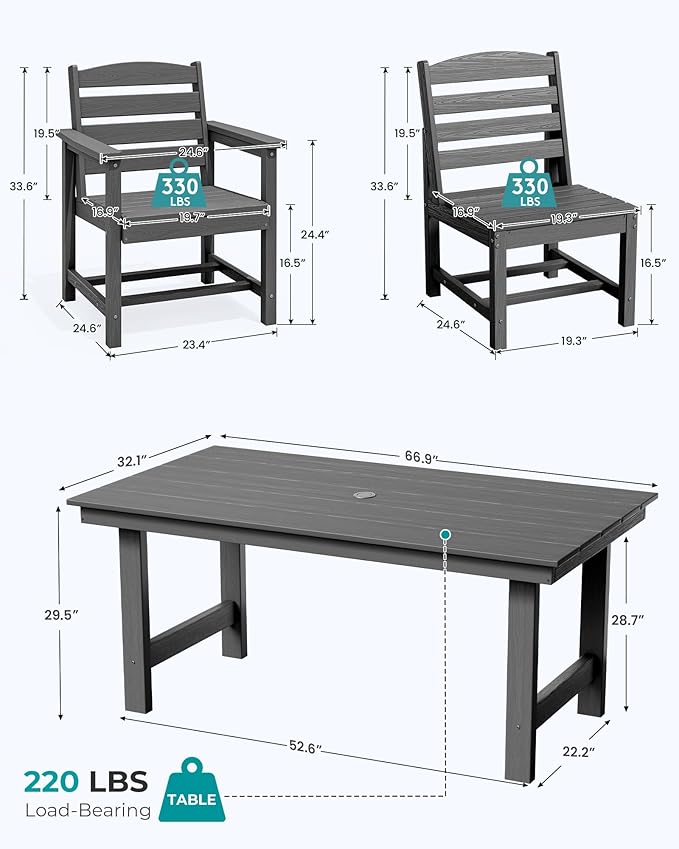 SERWALL HDPE Outdoor Dining Set for 10 with 2 Tables & 10 Chairs, Gray | Includes 2 Rectangular Tables(67") and 10 Chairs. All-Weather Resistant Dining Furniture